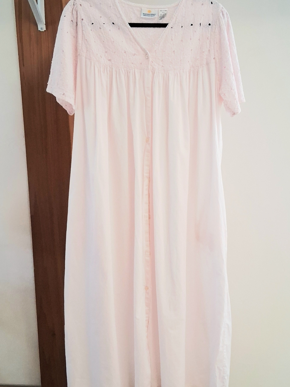 VTG Smithsonian Institution Pink Cotton Nightgown Eyelet Lace Embroidered Large